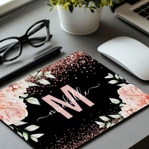 Tapis De Souris Monogramme Pailleté Or Rose Floral Rose Élégant