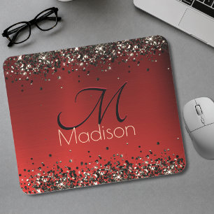 Tapis De Souris Monogramme pailleté or rouge noir élégant