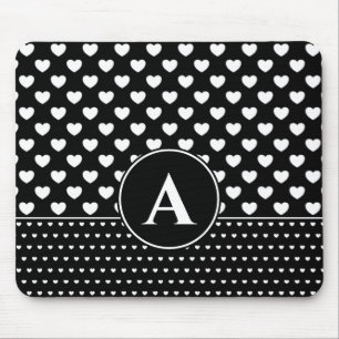 Tapis De Souris Monogramme personnalisé cœurs noir et blanc élégan