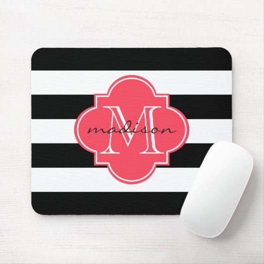 Tapis De Souris Monogramme personnalisé des rayures noires et roug (Avec souris)
