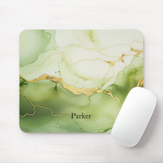 Tapis De Souris Monogramme personnalisé moderne Sage vert et or (Avec souris)