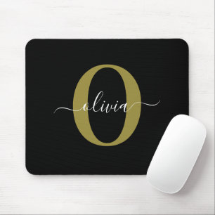 Tapis De Souris Monogramme personnalisé Nom du script Black White