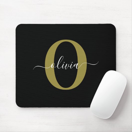 Tapis De Souris Monogramme personnalisé Nom du script Black White (Avec souris)