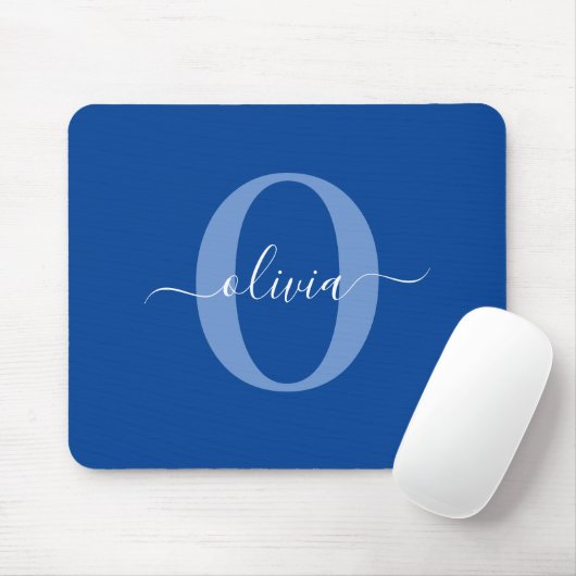 Tapis De Souris Monogramme personnalisé Nom du script Bleu Blanc (Avec souris)