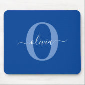 Tapis De Souris Monogramme personnalisé Nom du script Bleu Blanc (Devant)