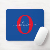 Tapis De Souris Monogramme personnalisé Nom du script Bleu Blanc R (Avec souris)