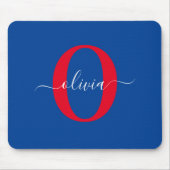 Tapis De Souris Monogramme personnalisé Nom du script Bleu Blanc R (Devant)