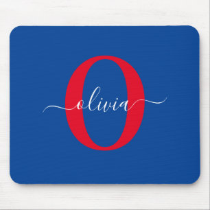 Tapis De Souris Monogramme personnalisé Nom du script Bleu Blanc R