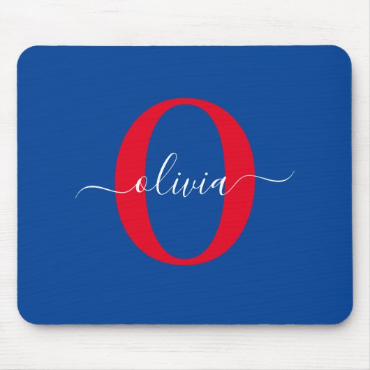 Tapis De Souris Monogramme personnalisé Nom du script Bleu Blanc R (Devant)