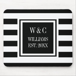 Tapis De Souris Monogramme personnalisé rayé noir et blanc