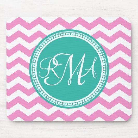 Tapis De Souris Monogramme Pink et Turquoise Chevron Custom (Devant)