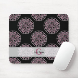 Tapis De Souris Monogramme Pink Floral Fronds Polka Dot Mandala