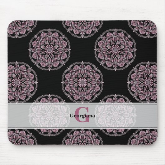 Tapis De Souris Monogramme Pink Floral Fronds Polka Dot Mandala (Devant)