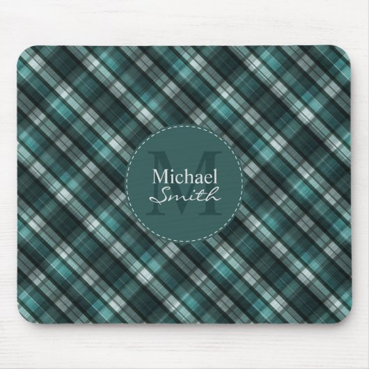 Tapis De Souris Monogramme rayé de plaid vert-foncé (de vert bleu) (Devant)