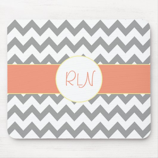 Tapis De Souris Monogramme rayé gris et saumoné de Chevron (Devant)