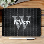 Tapis De Souris Monogramme rétro Vintage à rayures gris noir<br><div class="desc">Ce design présente un motif à rayures vintages en noir cassé avec rayures en pointillé gris pâle. Personnalisez-le avec votre initiale monogramme en gris et votre nom en écriture rétro blanche.</div>