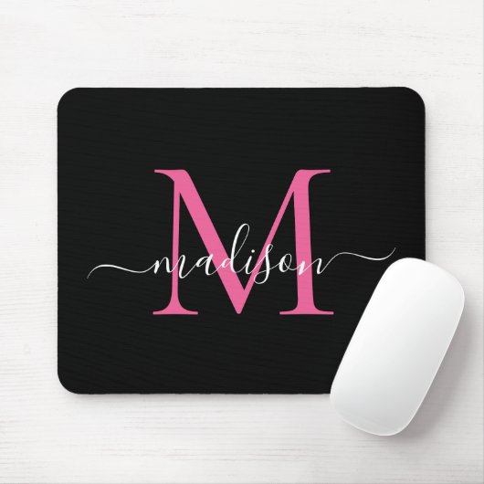 Tapis De Souris Monogramme rose noir moderne Élégant Script fémini (Avec souris)