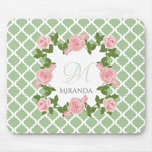 Tapis De Souris Monogramme rose rose du Quatrefoil vert du Nil (Devant)