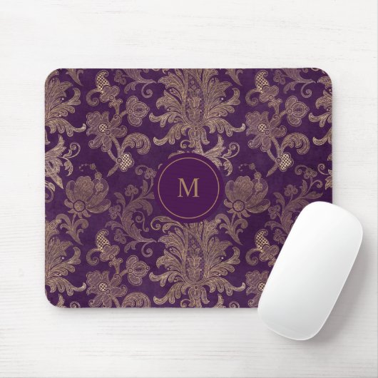 Tapis De Souris monogramme royal de damas d'or violet (Avec souris)