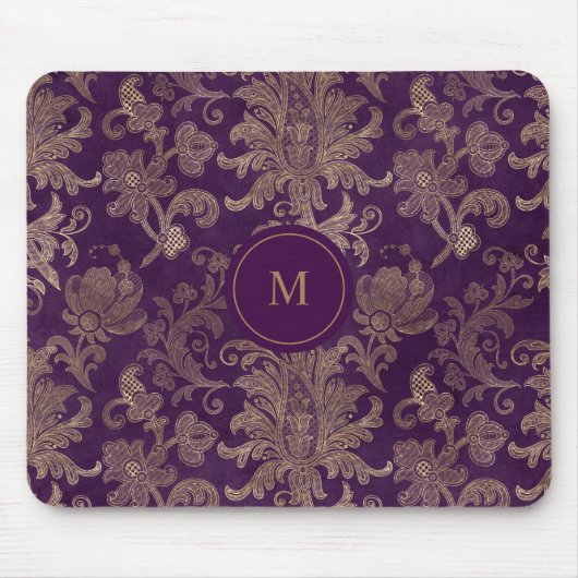 Tapis De Souris monogramme royal de damas d'or violet (Devant)
