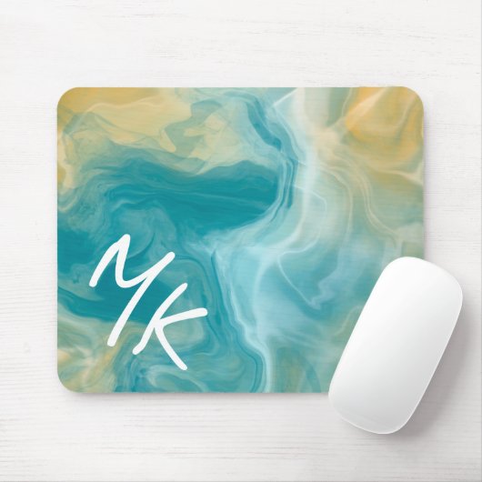 Tapis De Souris Monogramme Sandy Brown Ocean Blue Fluid Art (Avec souris)