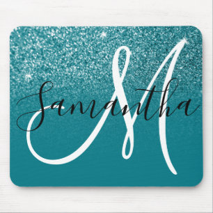 Tapis De Souris Monogramme scintillant ombré turquoise