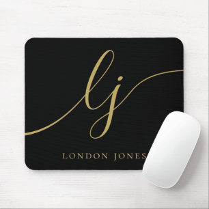 Tapis De Souris Monogramme Script Elegant Black Gold Feminine