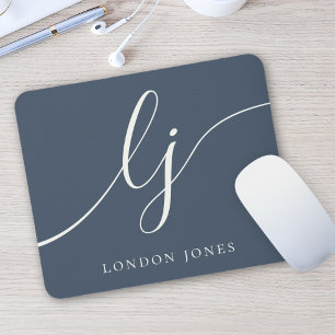 Tapis De Souris Monogramme Script Elégant Marine Blue Ivory Femini