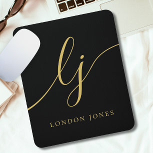 Tapis De Souris Monogramme Script Elégante Feminine Black Gold Cus