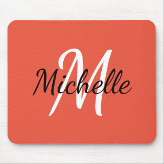 Tapis De Souris Monogramme simple minimal Nom initial Corail et bl