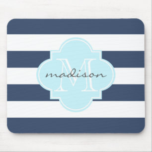 Tapis De Souris Monogramme sur mesure des rayures marines et bleue