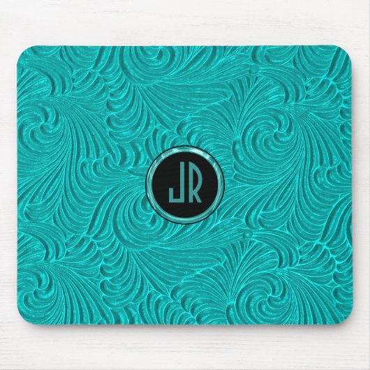 Tapis De Souris Monogramme Turquoise Embossés Damas Florales (Devant)