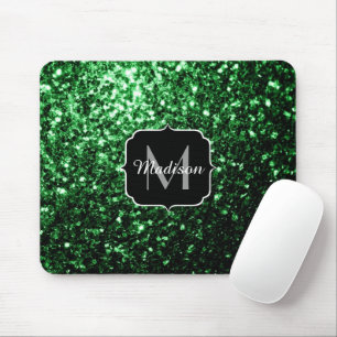 Tapis De Souris Monogramme vert foncé faux parties scintillant sci