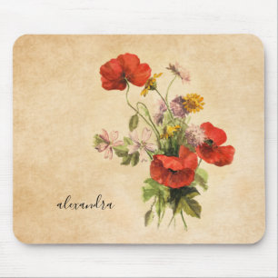 Tapis De Souris Monogramme Vintage Bouquet rustique Poppies rouges