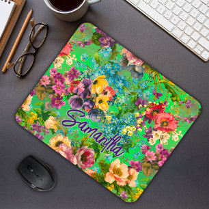 Tapis De Souris monogramme vintage vert fleuri motif