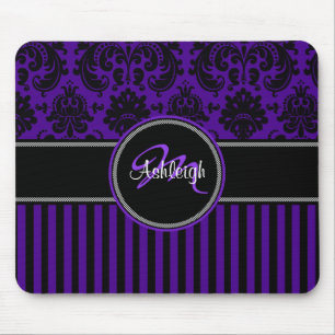 Tapis De Souris Monogramme violet noir blanc rayure Damask Mousepa