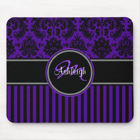 Tapis De Souris Monogramme violet noir blanc rayure Damask Mousepa (Devant)