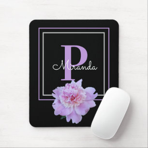 Tapis De Souris Monogramme violet rose pivoine noir