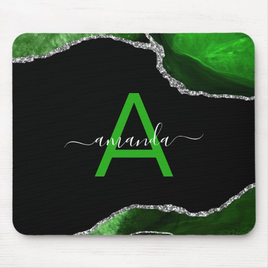 Tapis De Souris Monogrammed Green Agate with Silver Glitter Accent (Devant)