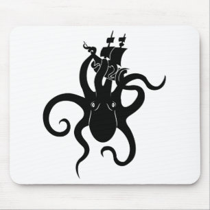 Tapis De Souris Monstre de mer noir et blanc Kraken avec navire