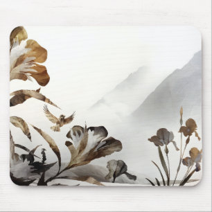 Tapis De Souris Montagne brumeuse zen oiseaux minimaliste nature