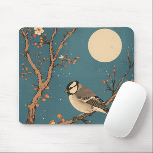 Tapis De Souris - Moonlit Bird on Blossom Branch