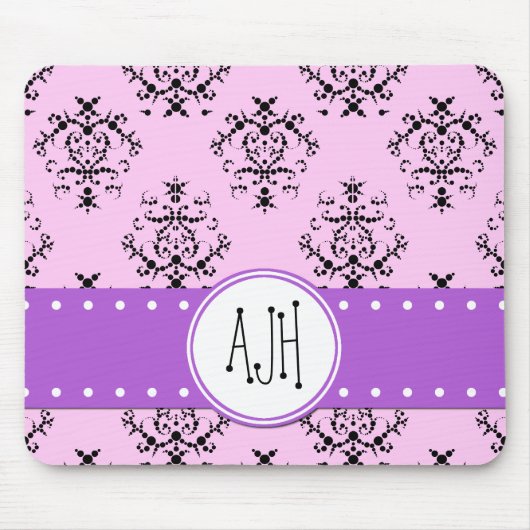 Tapis De Souris Motif Damas, Damas rose, Monogramme (Devant)