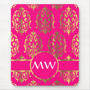 Tapis De Souris Motif damassé rose fuchsia or