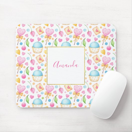 Tapis De Souris Motif d'aquarelle douce Coeurs et Cupcakes (Avec souris)