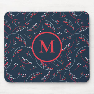 Tapis De Souris Motif de baies bleu marine rouge élégant monogramm