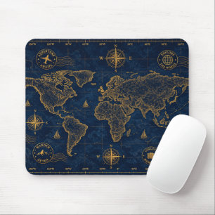 Tapis De Souris Motif de carte du monde vintage Navy Or Luxe