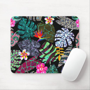 Tapis De Souris Motif de feuilles et de fleurs tropicales vibrante