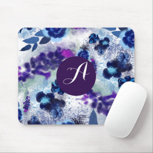 Tapis De Souris Motif de fleurs bleues et violettes avec monogramm