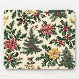Tapis De Souris Motif de Noël de houx poinsettia rouge crème